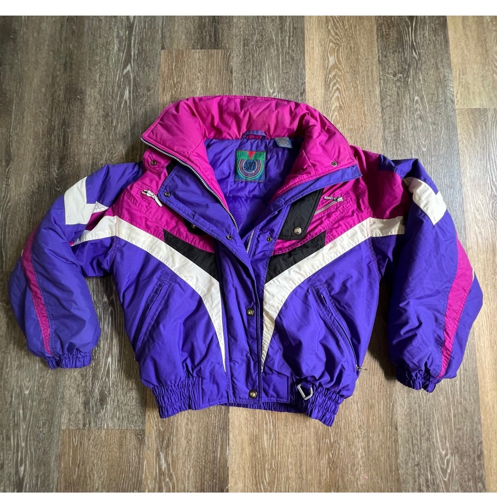 St. Johns Bay Ski Jacket Women Medium Purple Colorblock Vintage 90s Puffer Coat